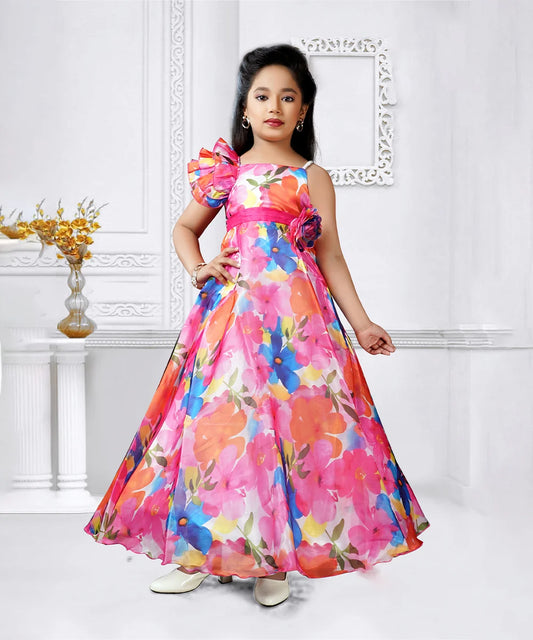Floral satin party wear gown for girls, one-shoulder ruffle, Jaipur