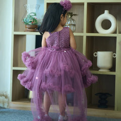 Floral wine frock for baby girls, high-low cape style, shimmer net, party wear