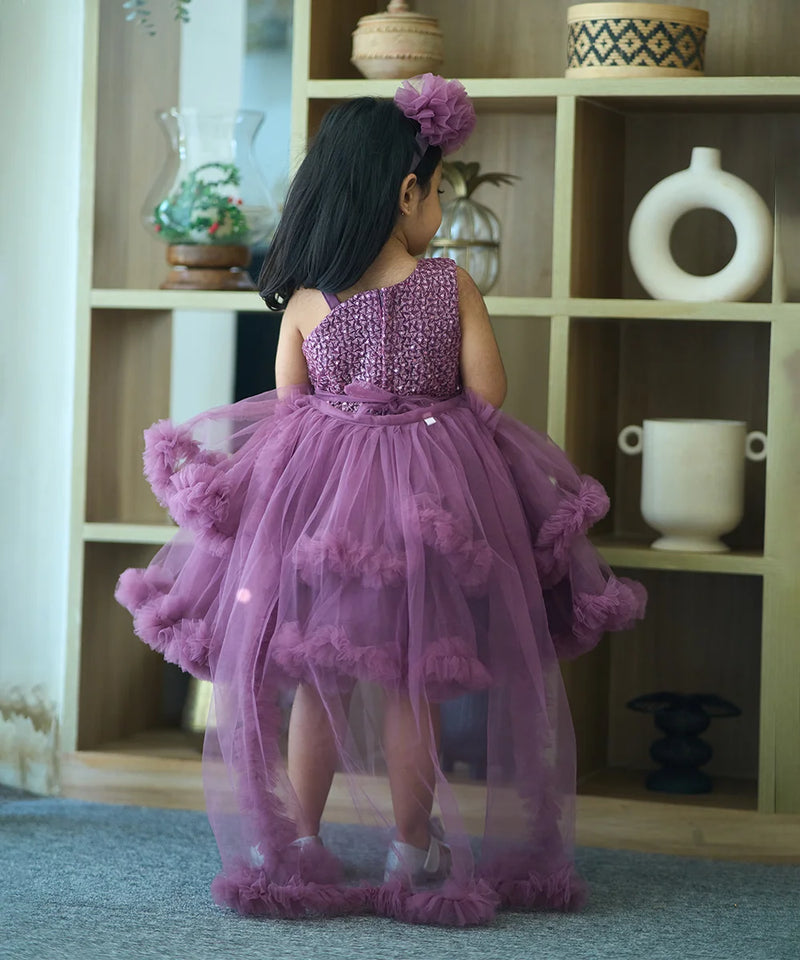 Floral wine frock for baby girls, high-low cape style, shimmer net, party wear