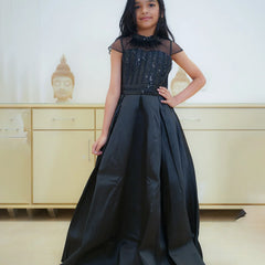 Girl birthday dress, black shimmer princess gown, ages 2–14, Jaipur