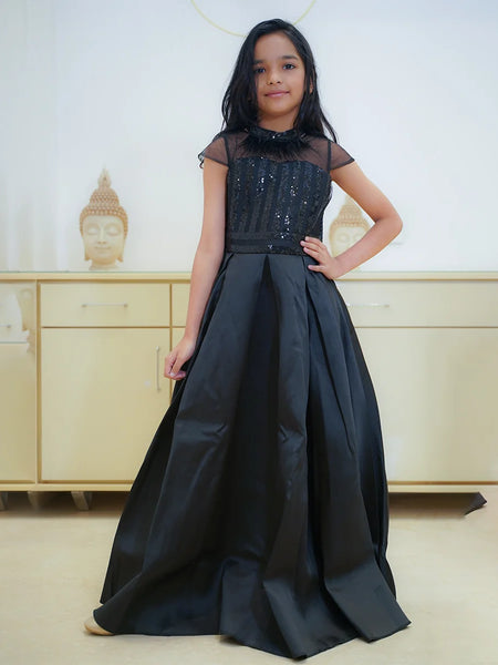 Girl birthday dress, black shimmer princess gown, ages 2–14, Jaipur