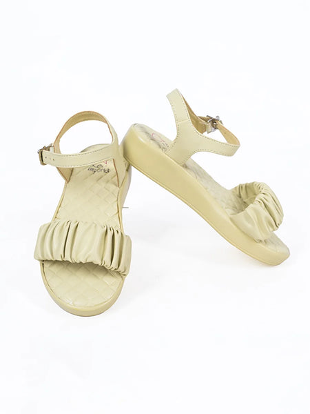 Girls' beige summer sandals with ruffle strap and ankle buckle, Jaipur, ages 1–8 years