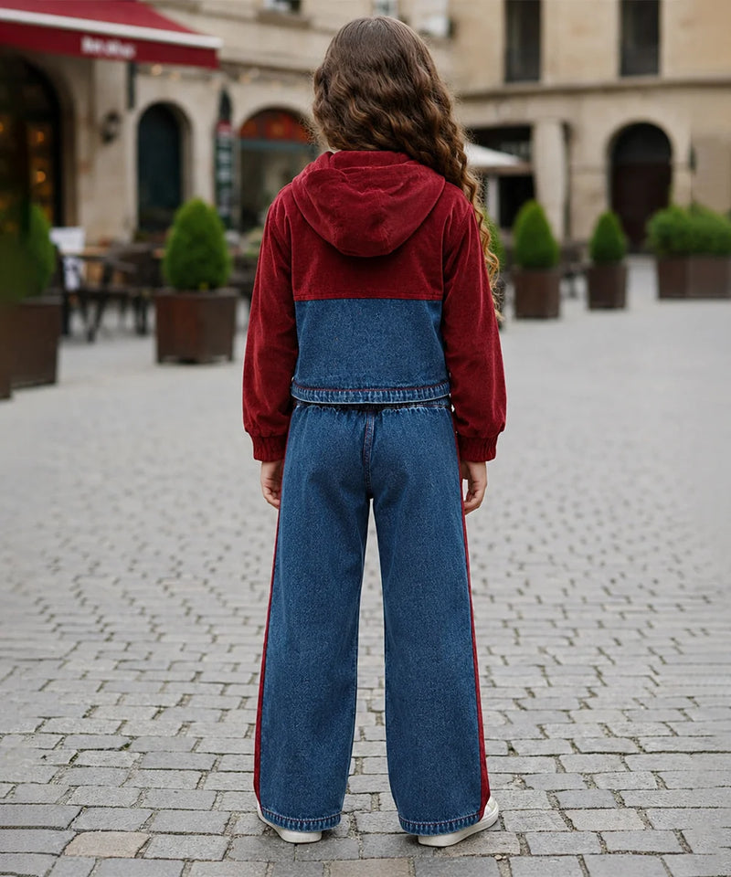 A child standing outdoors on a cobblestone street, viewed from behind, wearing a color-block hoodie with a burgundy top and hood, a blue denim middle panel, and matching wide-leg blue denim pants with red side stripes.