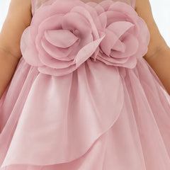 Fluffy layered pink net skirt with full flare on baby girl frock