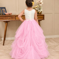 Back view of girls' pink and white party gown with beaded bodice