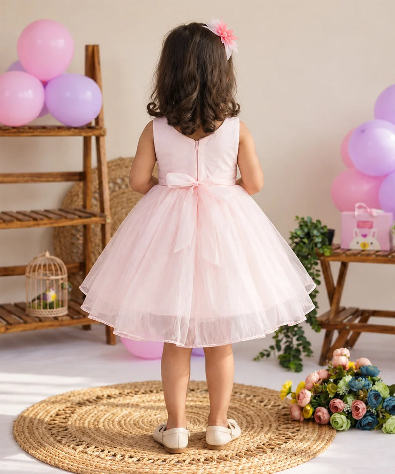 Light pink baby girl birthday frock with 3D flower and fluffy net skirt
