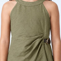 An olive green sleeveless halter top with a gathered side detail and a decorative brown and gold ring accent, shown on a model.
