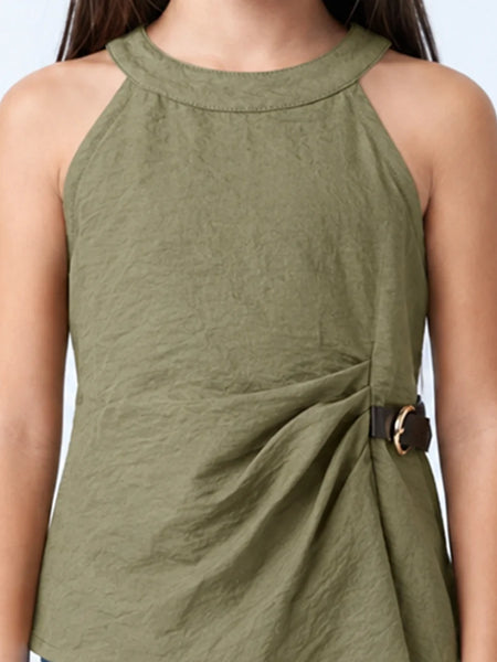 An olive green sleeveless halter top with a gathered side detail and a decorative brown and gold ring accent, shown on a model.