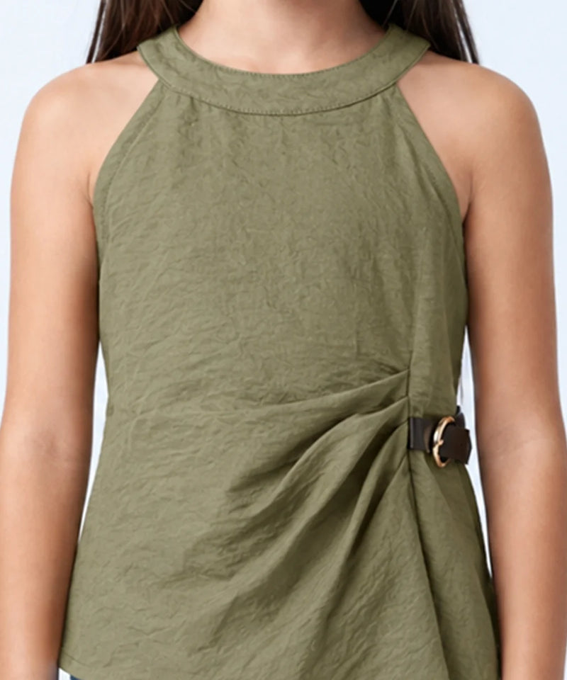 An olive green sleeveless halter top with a gathered side detail and a decorative brown and gold ring accent, shown on a model.