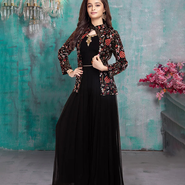 Black palazzo set for girls with floral embroidered full sleeves jacket, Jaipur wedding style