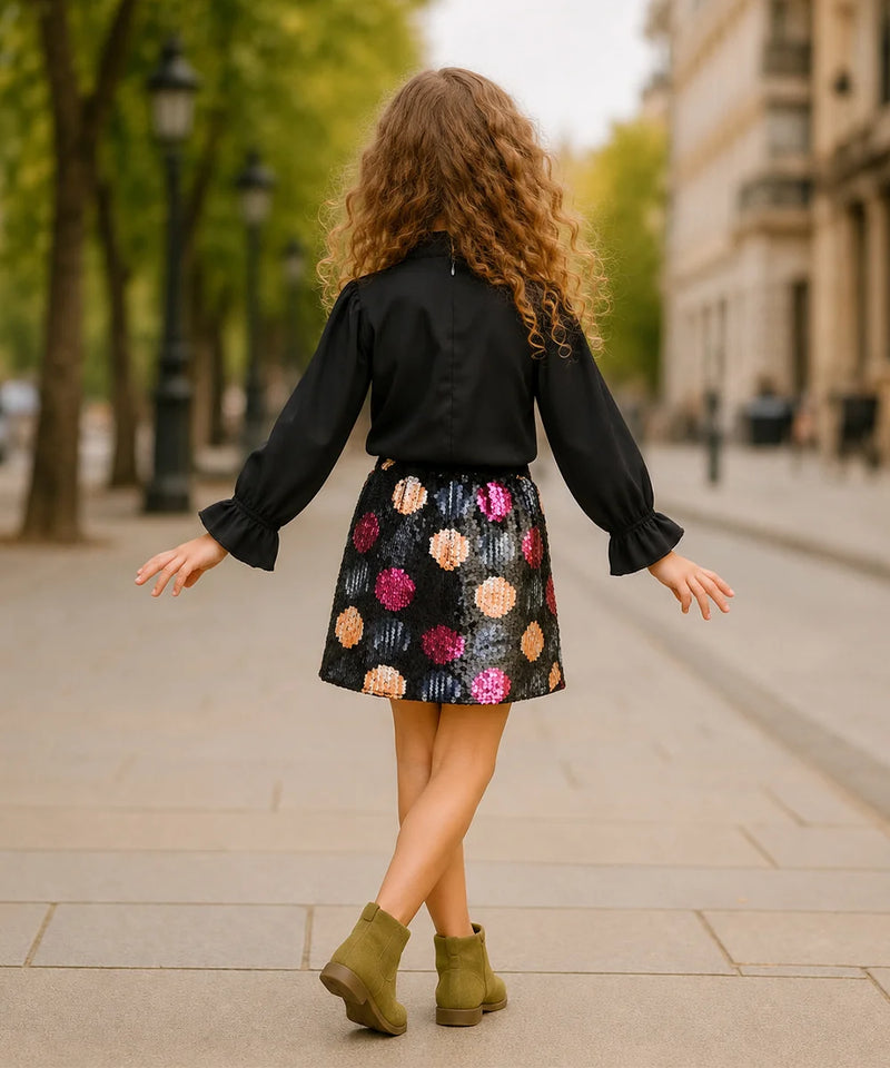 A young girl with long curly brown hair is seen from behind, wearing a black long-sleeve blouse and a black mini skirt with colorful floral patterns, paired with olive green ankle boots, walking on a city street.