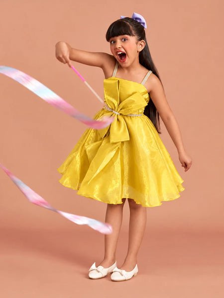 Girls' mustard sleeveless frock with large bow, view 2