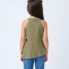 A child model shown from the back wearing an olive green sleeveless top with a buttoned neckline and peplum hem, paired with blue jeans against a light gray studio background.