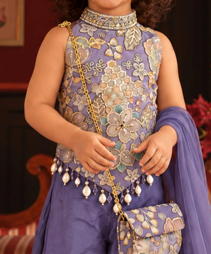 Girls' lavender sharara set with floral thread-embroidered high-neck top and pearl tassels, view 2