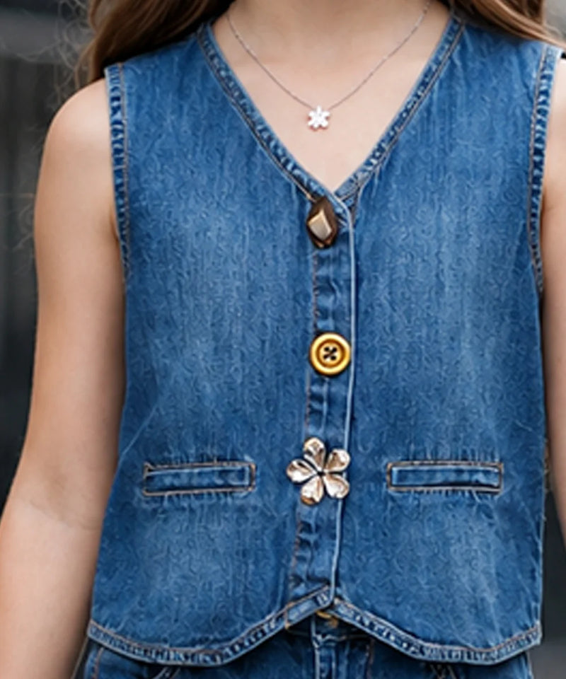 A close-up of a child wearing a sleeveless blue denim vest with decorative buttons and a flower applique, paired with a silver necklace.