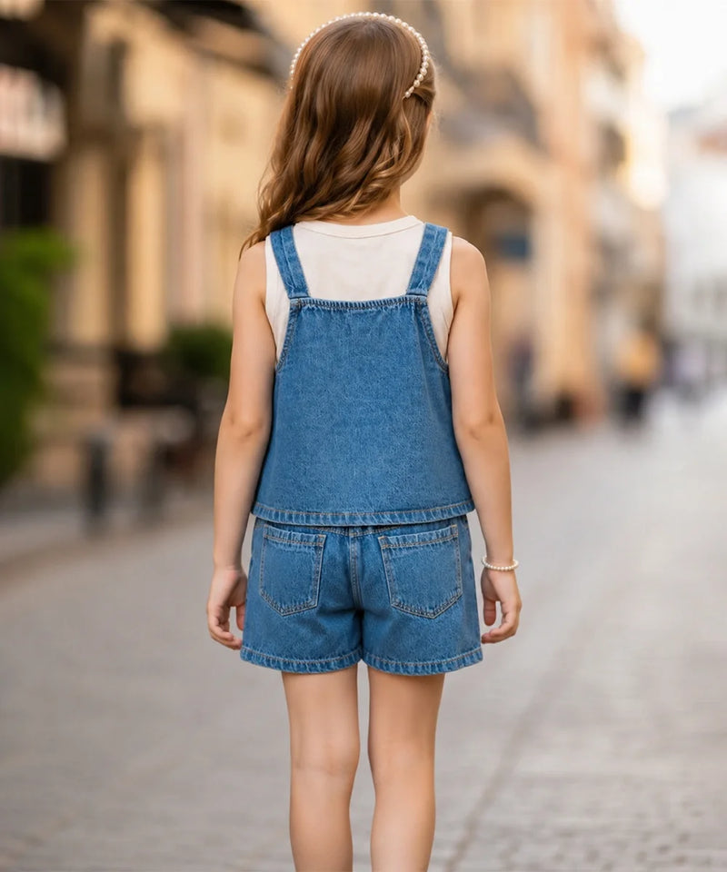 A young girl viewed from behind wearing a sleeveless blue denim overall romper with matching shorts over a white tank top, standing on a blurred cobblestone street.