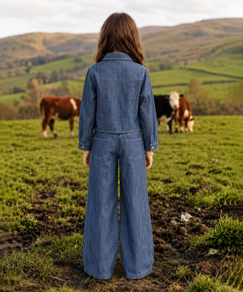 A woman stands in a green field with cows in the background, viewed from behind, wearing a blue denim jumpsuit with wide legs and long sleeves.