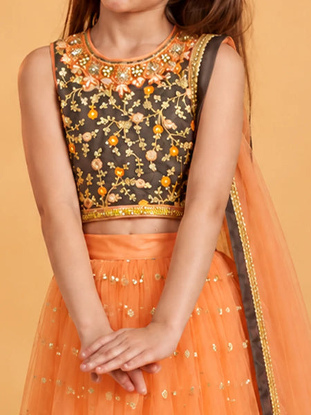 A child wearing a sleeveless dark brown embroidered blouse with floral gold and orange detailing, paired with a peach-orange tulle skirt and matching dupatta, posed against a solid warm beige background.