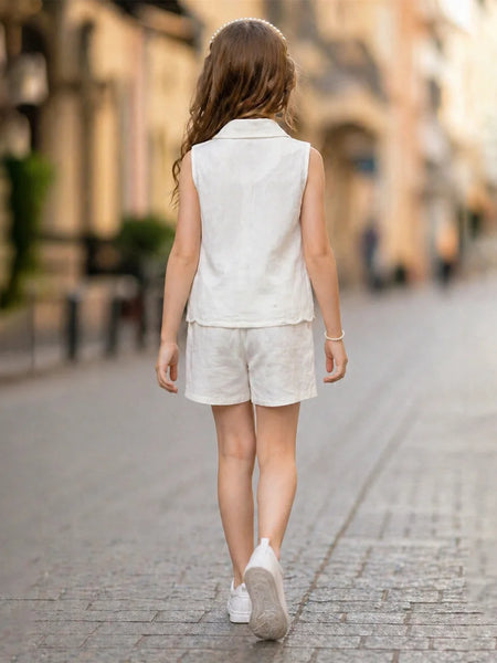 Young girl in a white outfit walking down a street with a blurred background