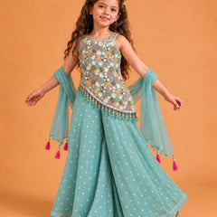 Sea green sleeveless top for girls heavily embellished with colorful floral sequins and beads.   