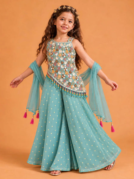 Sea green sleeveless top for girls heavily embellished with colorful floral sequins and beads.   