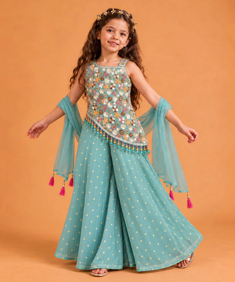 Sea green sleeveless top for girls heavily embellished with colorful floral sequins and beads.   