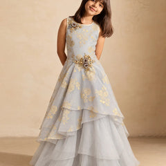 Girls' grey party gown with gold floral embroidery