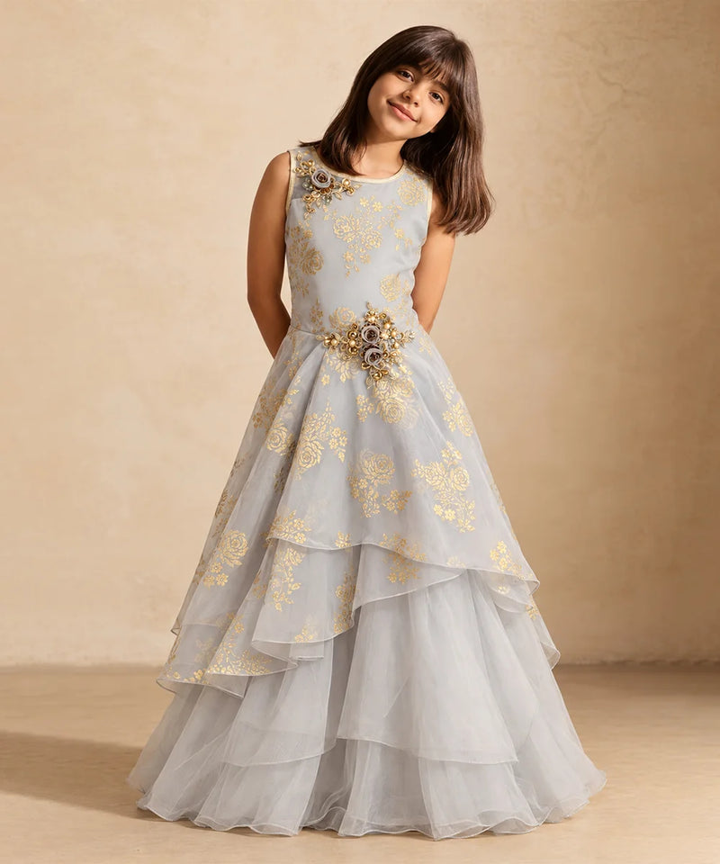 Girls' grey party gown with gold floral embroidery