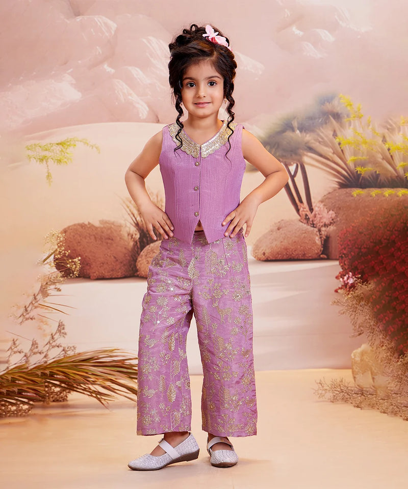 Girls’ palazzo set with heavy embroidery, perfect for Jaipur weddings