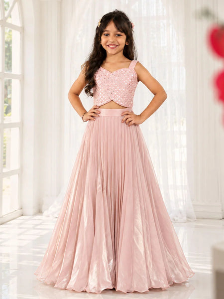 Pink Sequin Jacket Lehenga Set for Girls