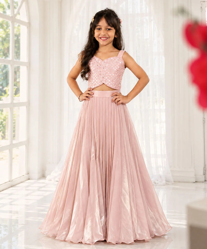 Pink Sequin Jacket Lehenga Set for Girls