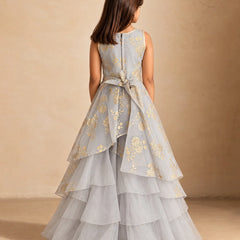Back view of girls' grey party gown with gold floral embroidery