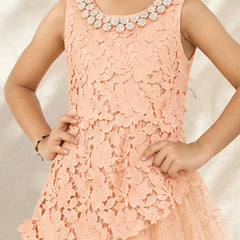 Girls' peach lace party gown with beaded neckline, view 2