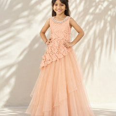 Girls' peach lace party gown with beaded neckline