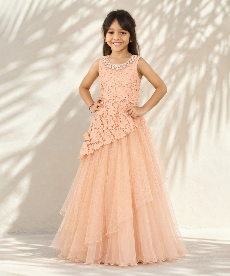 Girls' peach lace party gown with beaded neckline
