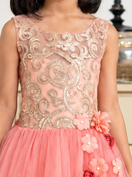 A close-up of a young girl wearing a sleeveless peach pink formal dress with a sheer embroidered bodice in metallic gold and a layered tulle skirt with pink fabric flowers.