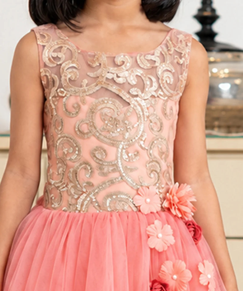 A close-up of a young girl wearing a sleeveless peach pink formal dress with a sheer embroidered bodice in metallic gold and a layered tulle skirt with pink fabric flowers.