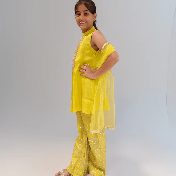 girl wearing a yellow traditional sharara outfit on a white background