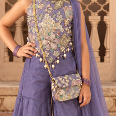 Girls lavender purple lehenga with embroidered blouse, dupatta and potli bag