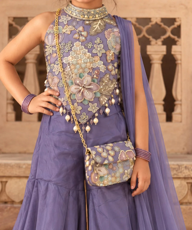 Girls lavender purple lehenga with embroidered blouse, dupatta and potli bag