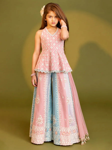 A young girl models a traditional Indian outfit consisting of a light pink sleeveless embroidered peplum top and matching wide-leg flared pants with a light blue and pink border, set against a solid olive green background.