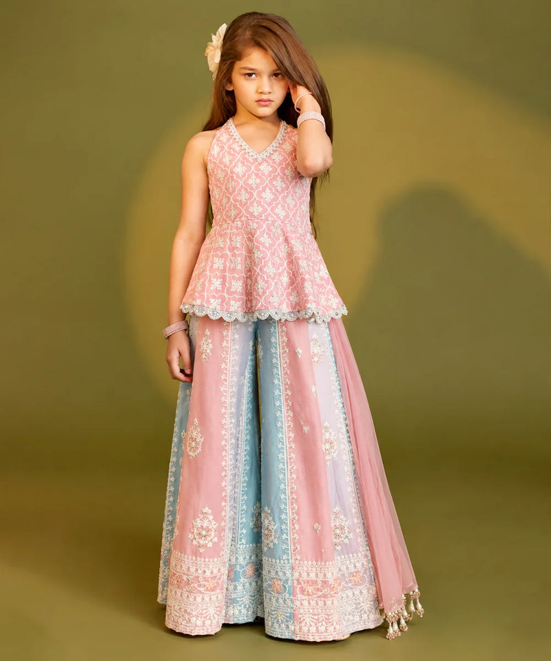 A young girl models a traditional Indian outfit consisting of a light pink sleeveless embroidered peplum top and matching wide-leg flared pants with a light blue and pink border, set against a solid olive green background.