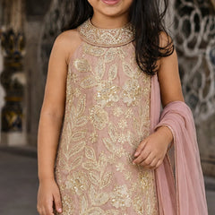 A young girl wearing a sleeveless dusty pink embroidered kurta with intricate gold floral embroidery, paired with a matching pink dupatta, set against a blurred traditional architectural background.