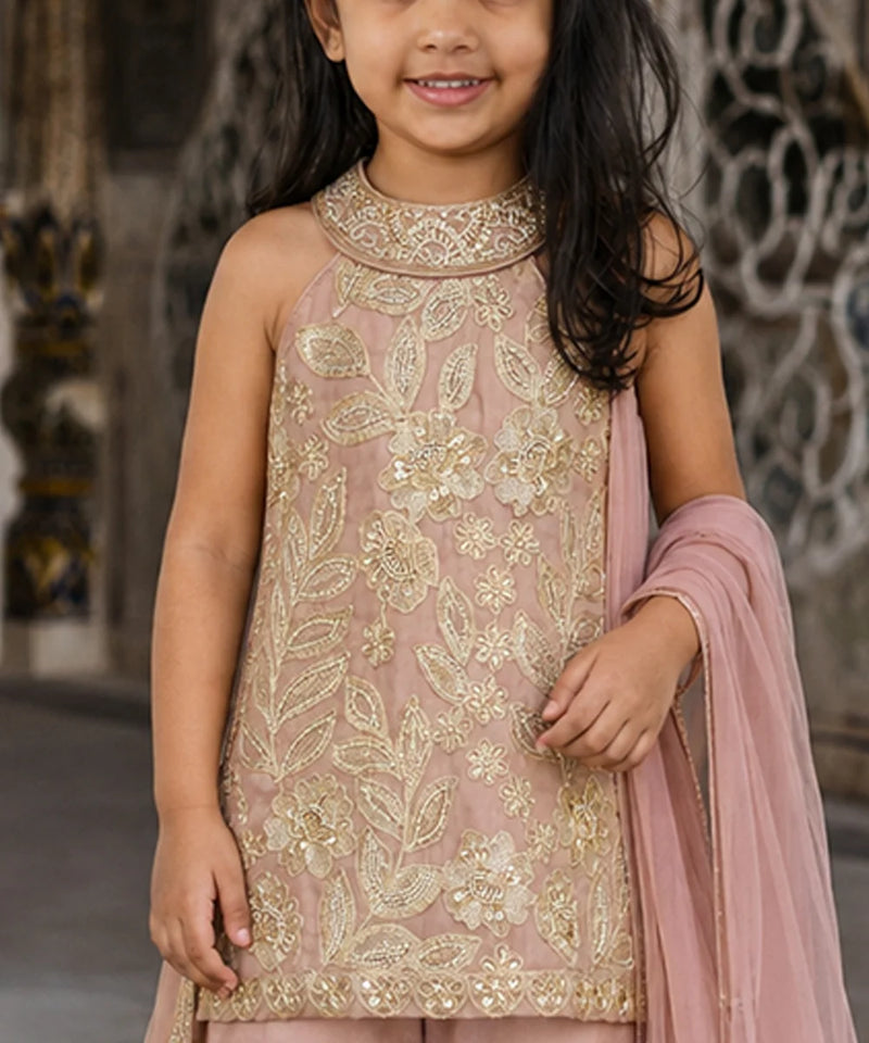 A young girl wearing a sleeveless dusty pink embroidered kurta with intricate gold floral embroidery, paired with a matching pink dupatta, set against a blurred traditional architectural background.