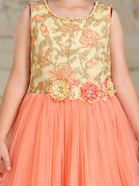A sleeveless young girl's party dress with a beige floral embroidered bodice, a peach tulle skirt, and a decorative floral belt.