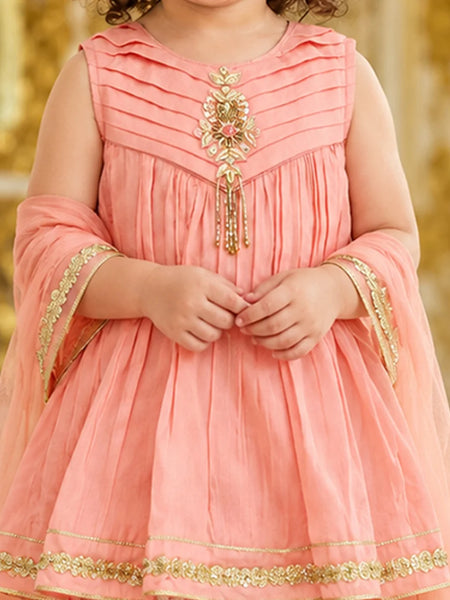 Girls' peach pink Anarkali with gold embroidery, view 2