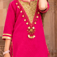 Girls fuchsia pink ethnic kurta set with embroidered kurta and Patiala pants