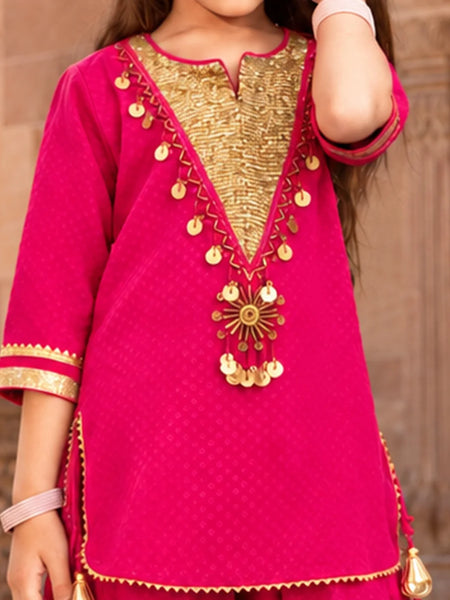 Girls' fuchsia pink embroidered kurta Patiala set, view 2