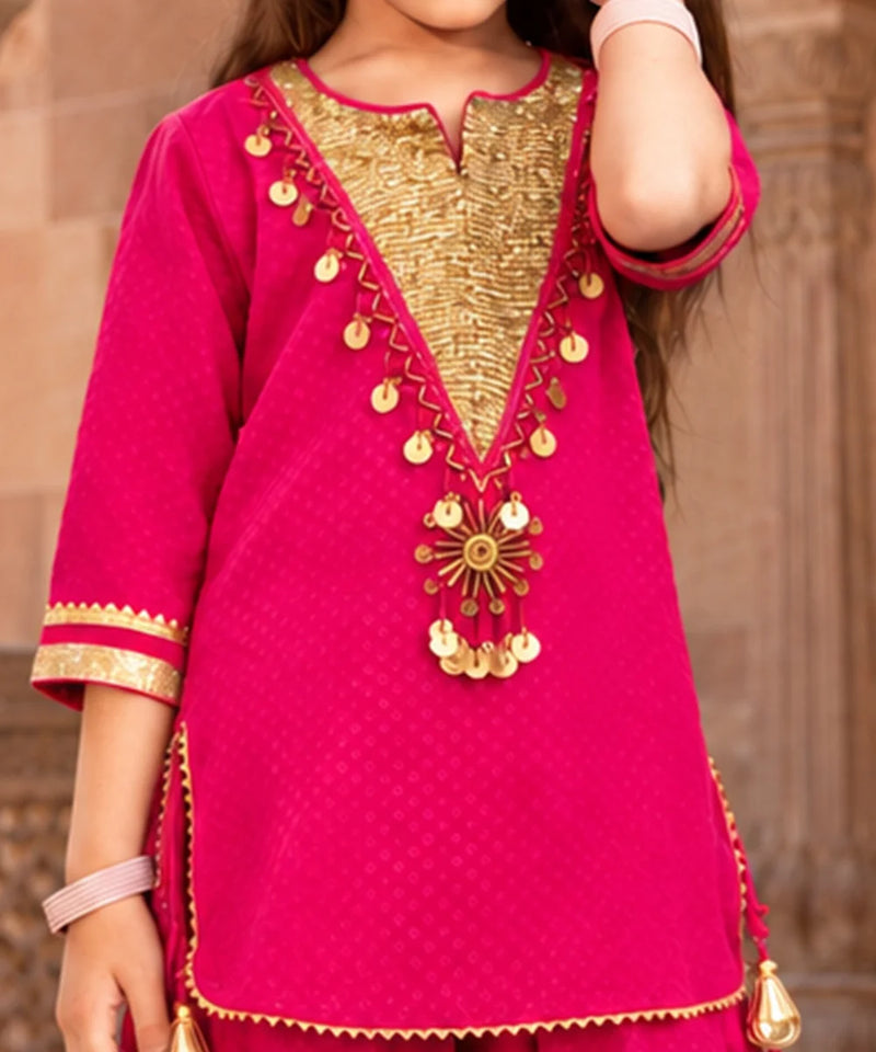 Girls fuchsia pink ethnic kurta set with embroidered kurta and Patiala pants