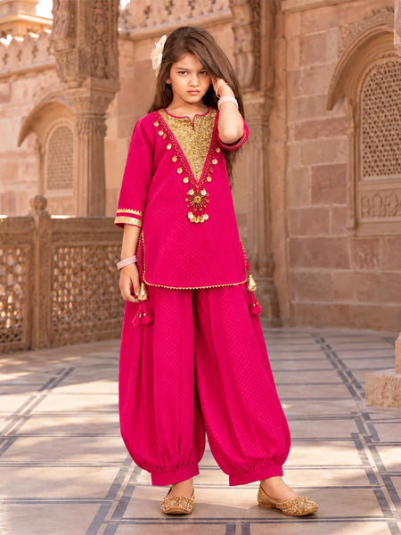 Fuchsia pink girls kurta with gold decorative borders on sleeves